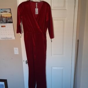 NY Collection  Pettite Red Velvet Jumpsuits